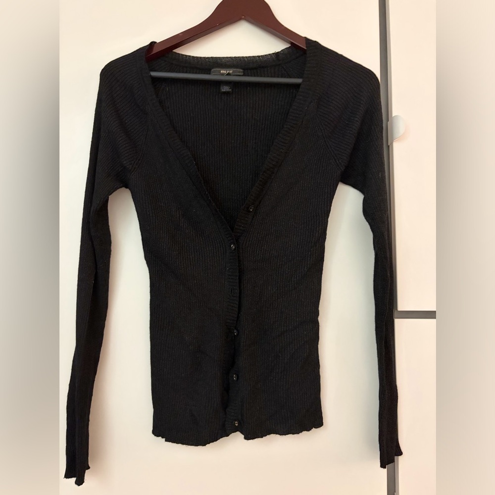 Mango Black Ribbed V-Neck Button Cardigan